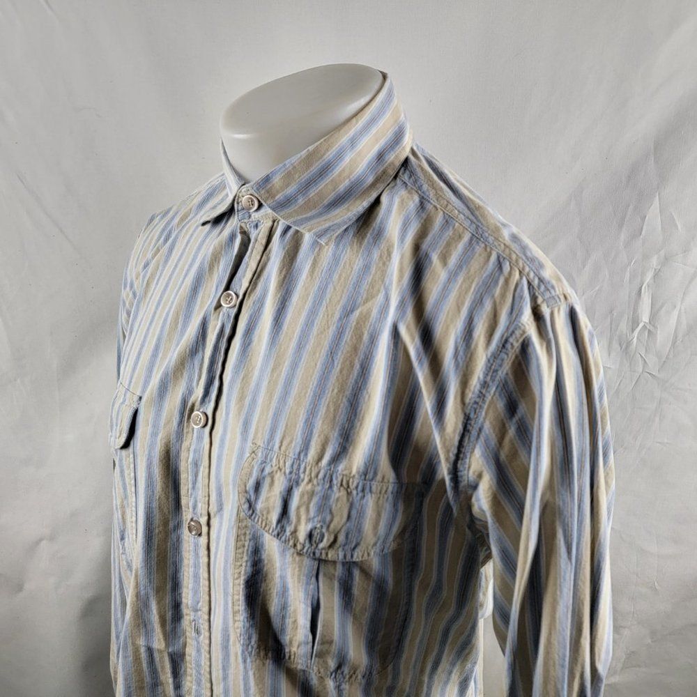 Positano Button Up Shirt Mens Large Blue Beige Long Sleeve Striped Cotton Pocket